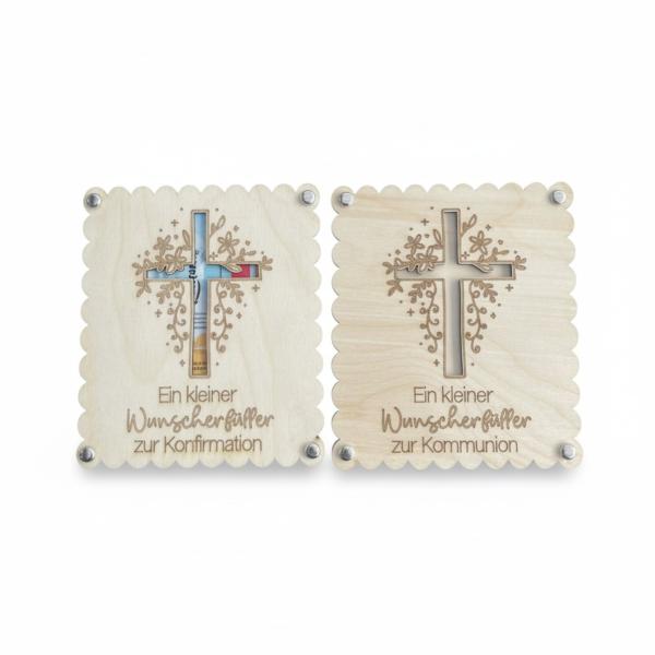 Holzkarte zur Konfirmation oder Kommunion mit eingelegtem Geldschein als Geschenkidee.